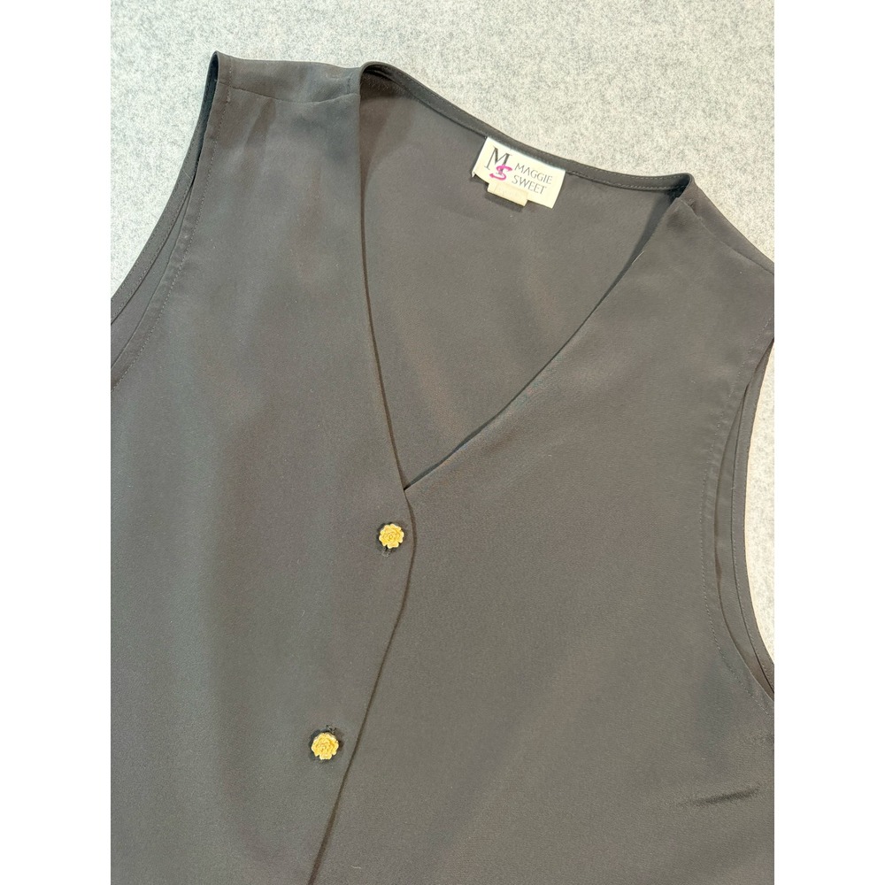 Maggie Sweet Women Black Kashibo Vest Top Gold Rose Button V-Neck Blouse Large
